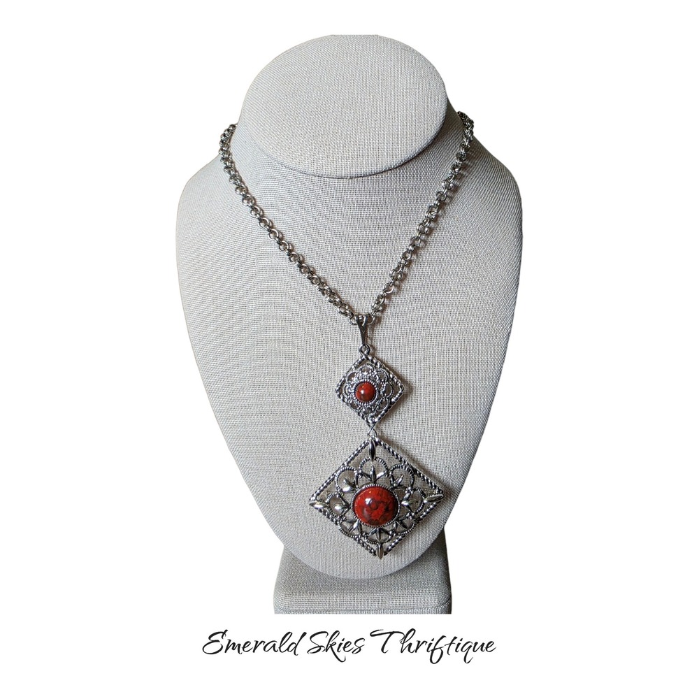 SARAH COVENTRY Necklace/Brooch Inca Fire Silvertone Red Glass pendant free ship